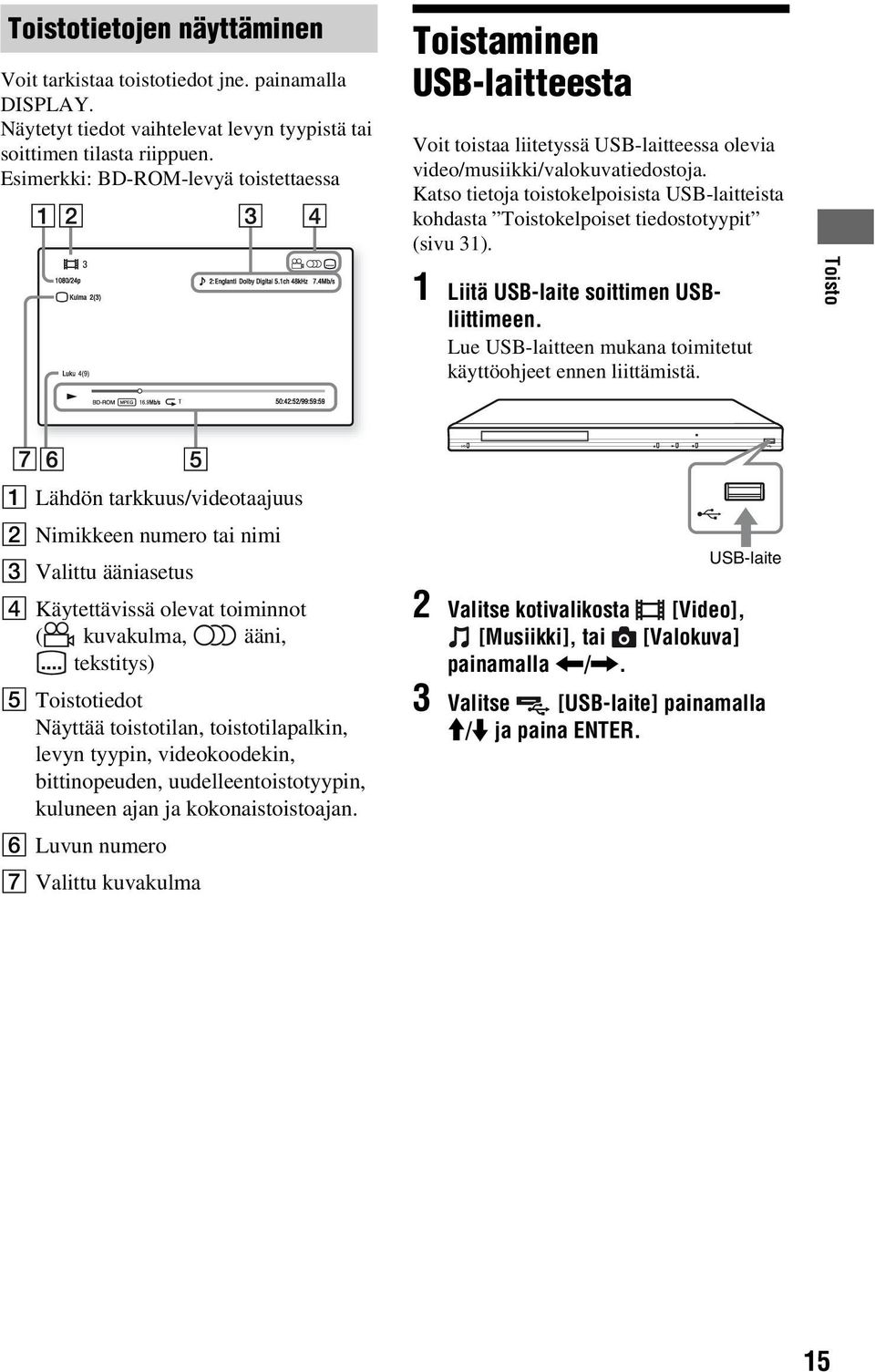Katso tietoja toistokelpoisista USB-laitteista kohdasta Toistokelpoiset tiedostotyypit (sivu 31). 1 Liitä USB-laite soittimen USBliittimeen.