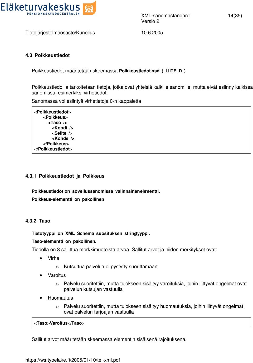 Sanomassa voi esiintyä virhetietoja 0-n kappaletta <Poikkeustiedot> <Poikkeus> <Taso /> <Koodi /> <Selite /> <Kohde /> </Poikkeus> </Poikkeustiedot> 4.3.