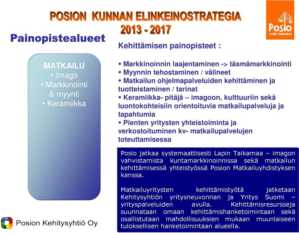 matkailupalvelujen toteuttamisessa Posio jatkaa systemaattisesti Lapin Taikamaa imagon vahvistamista kuntamarkkinoinnissa sekä matkailun kehittämisessä yhteistyössä Posion Matkailuyhdistyksen kanssa.