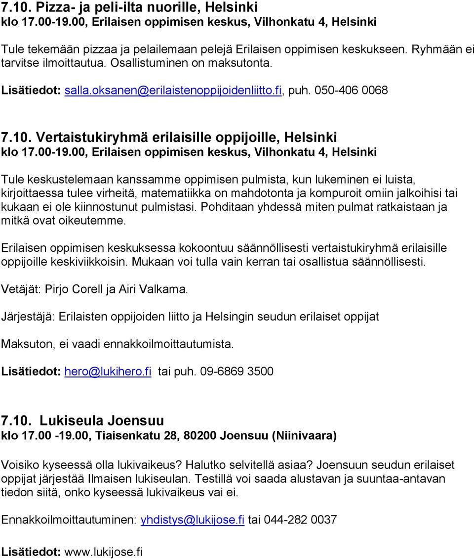 Vertaistukiryhmä erilaisille oppijoille, Helsinki klo 17.00-19.