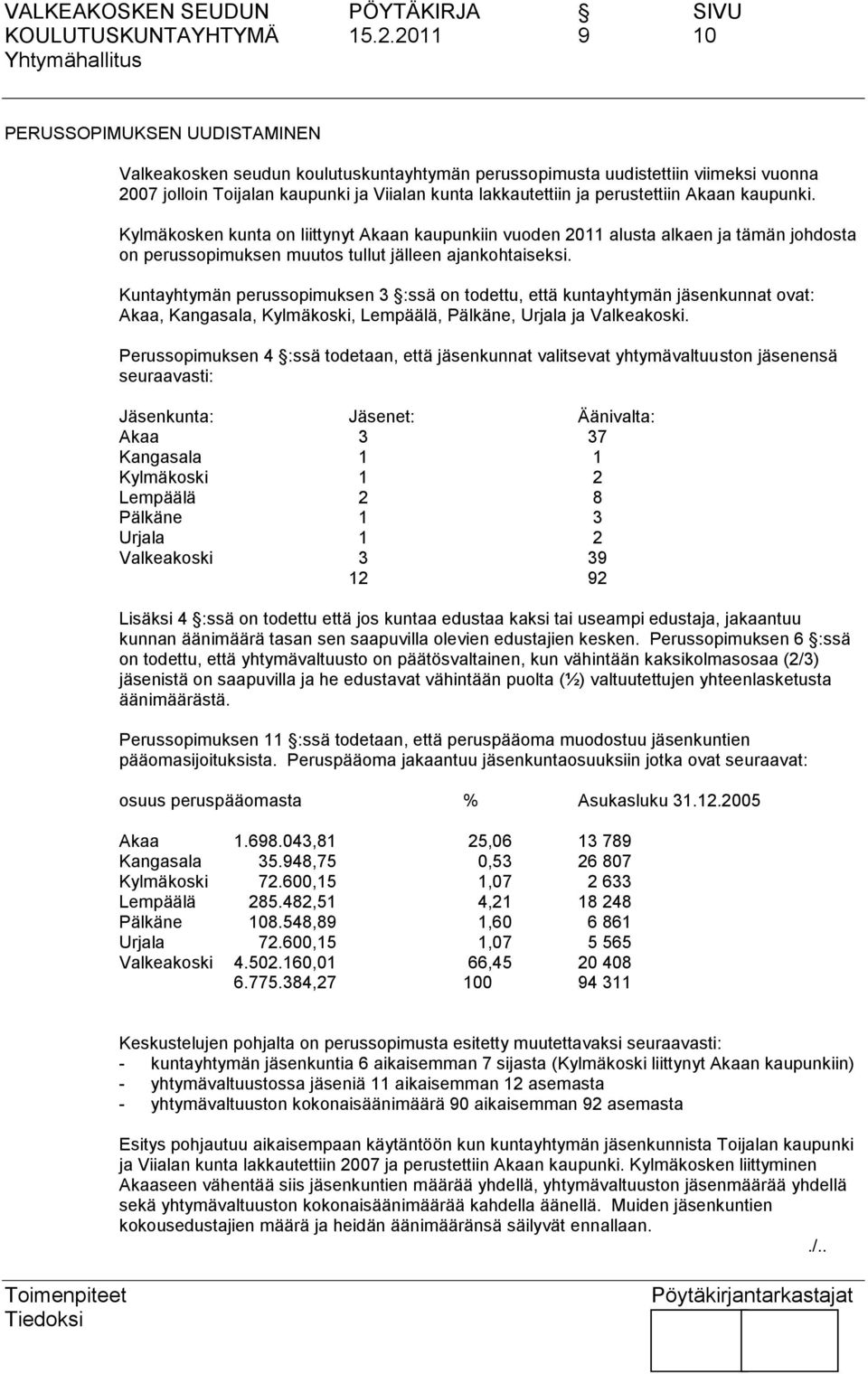 perustettiin Akaan kaupunki. Kylmäkosken kunta on liittynyt Akaan kaupunkiin vuoden 2011 alusta alkaen ja tämän johdosta on perussopimuksen muutos tullut jälleen ajankohtaiseksi.