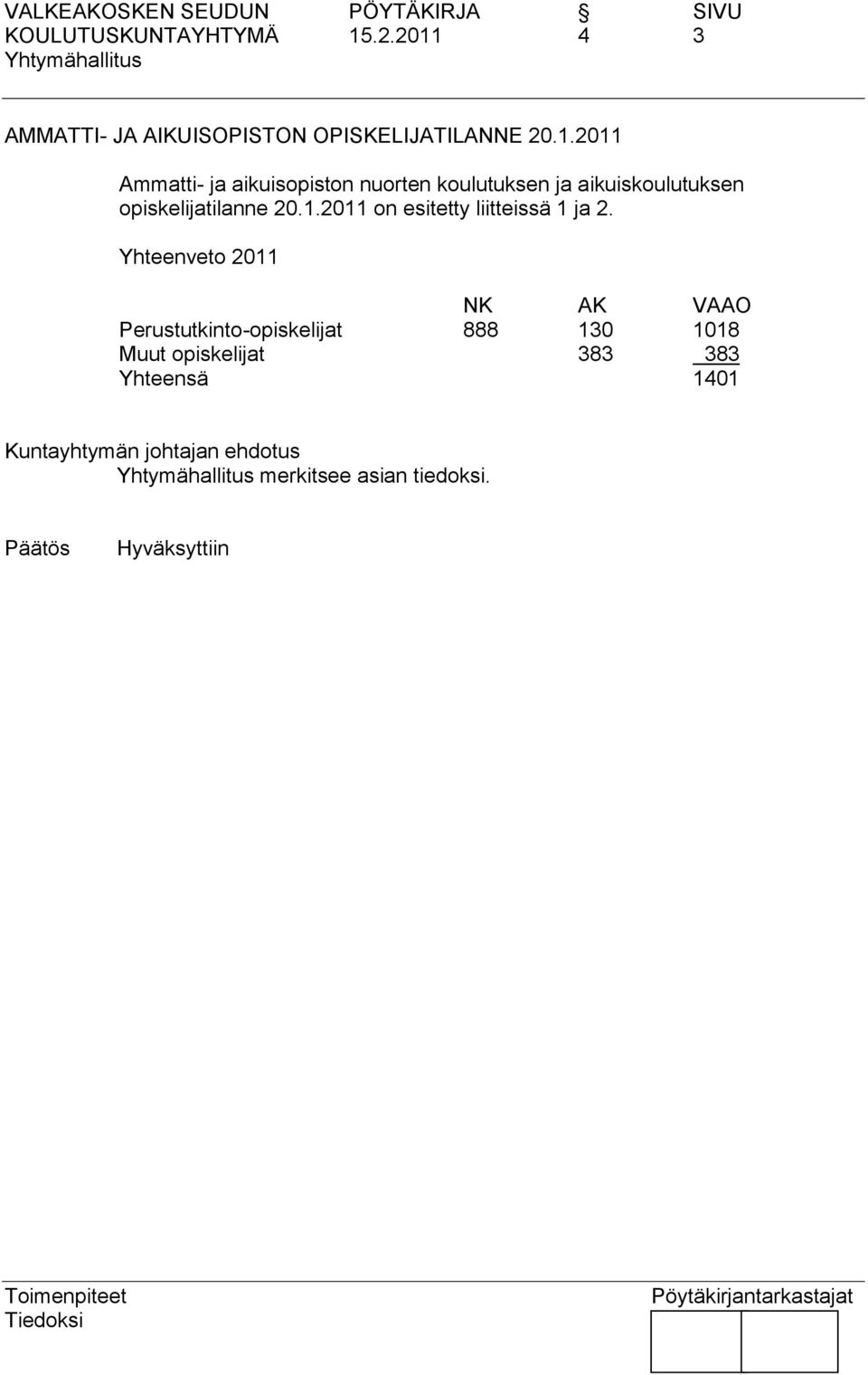 4 3 AMMATTI- JA AIKUISOPISTON OPISKELIJATILANNE 20.1.