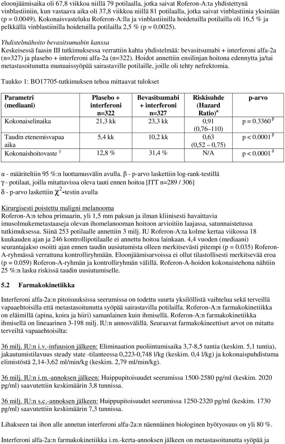 Yhdistelmähoito bevasitsumabin kanssa Keskeisessä faasin III tutkimuksessa verrattiin kahta yhdistelmää: bevasitsumabi + interferoni alfa-2a (n=327) ja plasebo + interferoni alfa-2a (n=322).