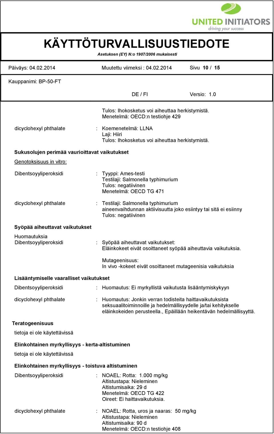 Sukusolujen perimää vaurioittavat vaikutukset Genotoksisuus in vitro: : Tyyppi: Ames-testi Testilaji: Salmonella typhimurium Tulos: negatiivinen Menetelmä: OECD TG 471 : Testilaji: Salmonella