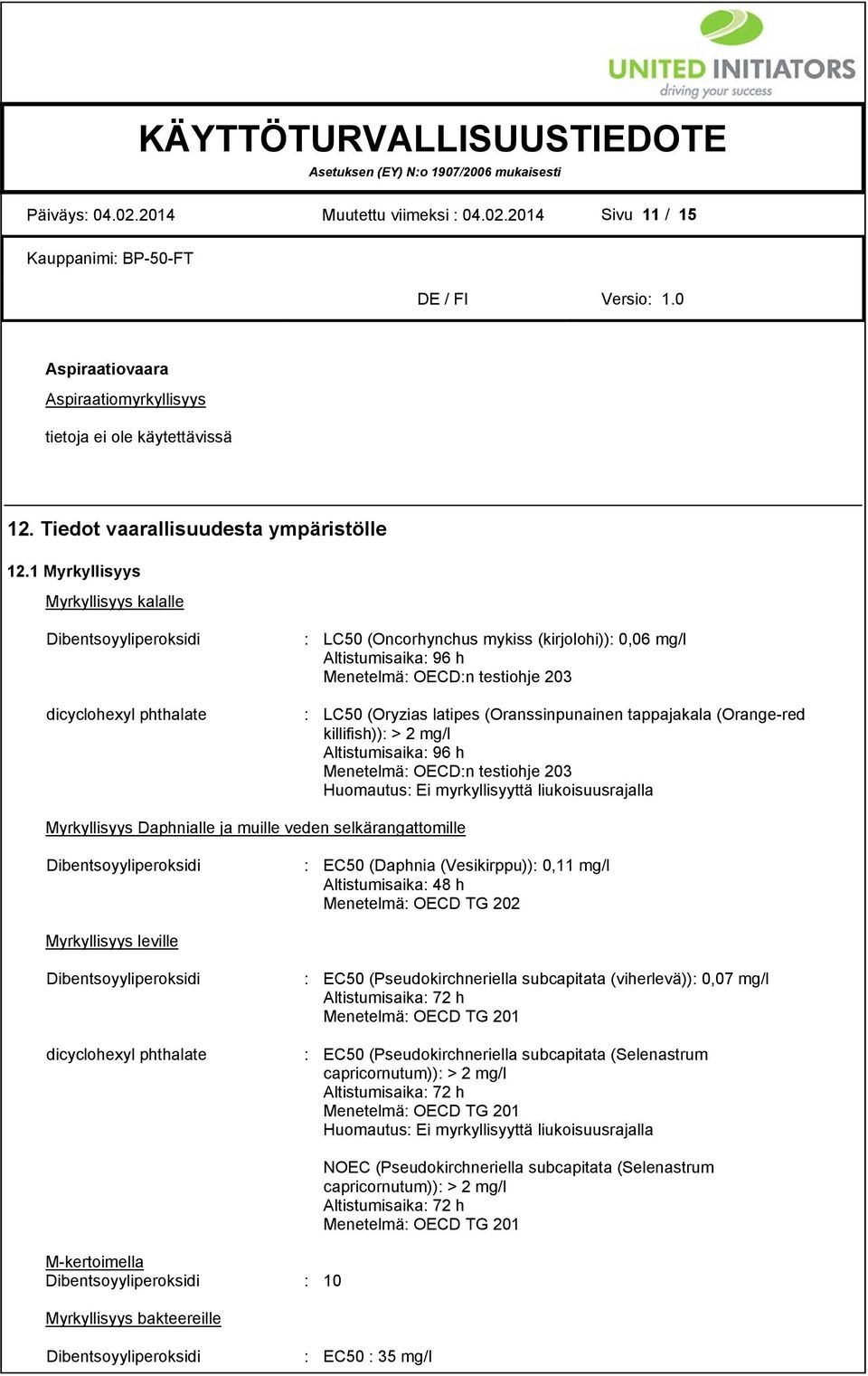 (Orange-red killifish)): > 2 mg/l Altistumisaika: 96 h Menetelmä: OECD:n testiohje 203 Huomautus: Ei myrkyllisyyttä liukoisuusrajalla Myrkyllisyys Daphnialle ja muille veden selkärangattomille : EC50