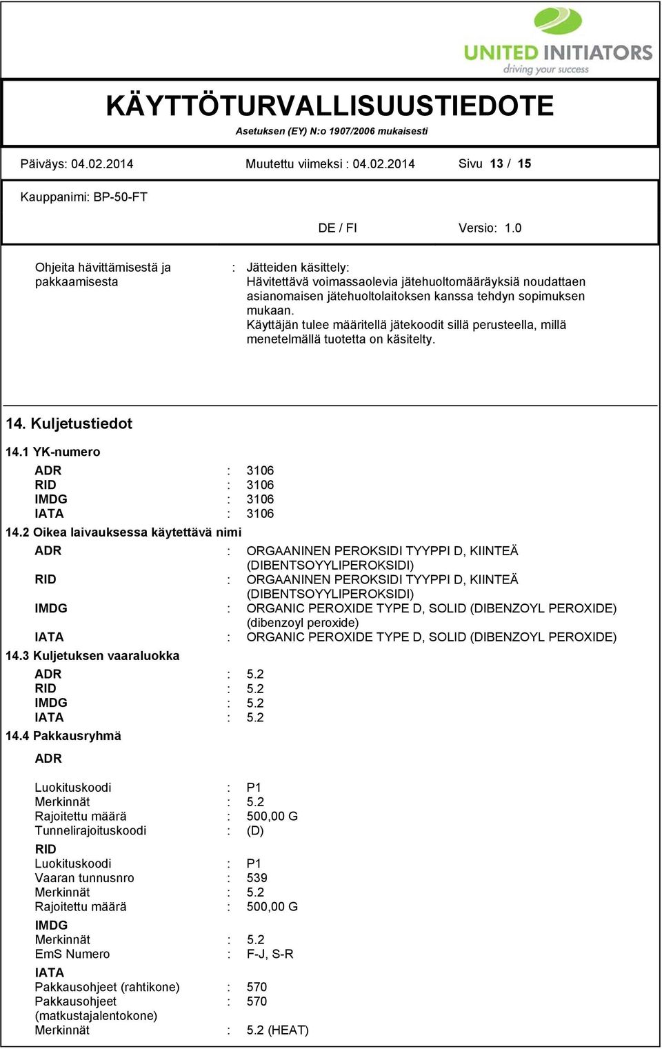 2014 Sivu 13 / 15 Ohjeita hävittämisestä ja pakkaamisesta : Jätteiden käsittely: Hävitettävä voimassaolevia jätehuoltomääräyksiä noudattaen asianomaisen jätehuoltolaitoksen kanssa tehdyn sopimuksen