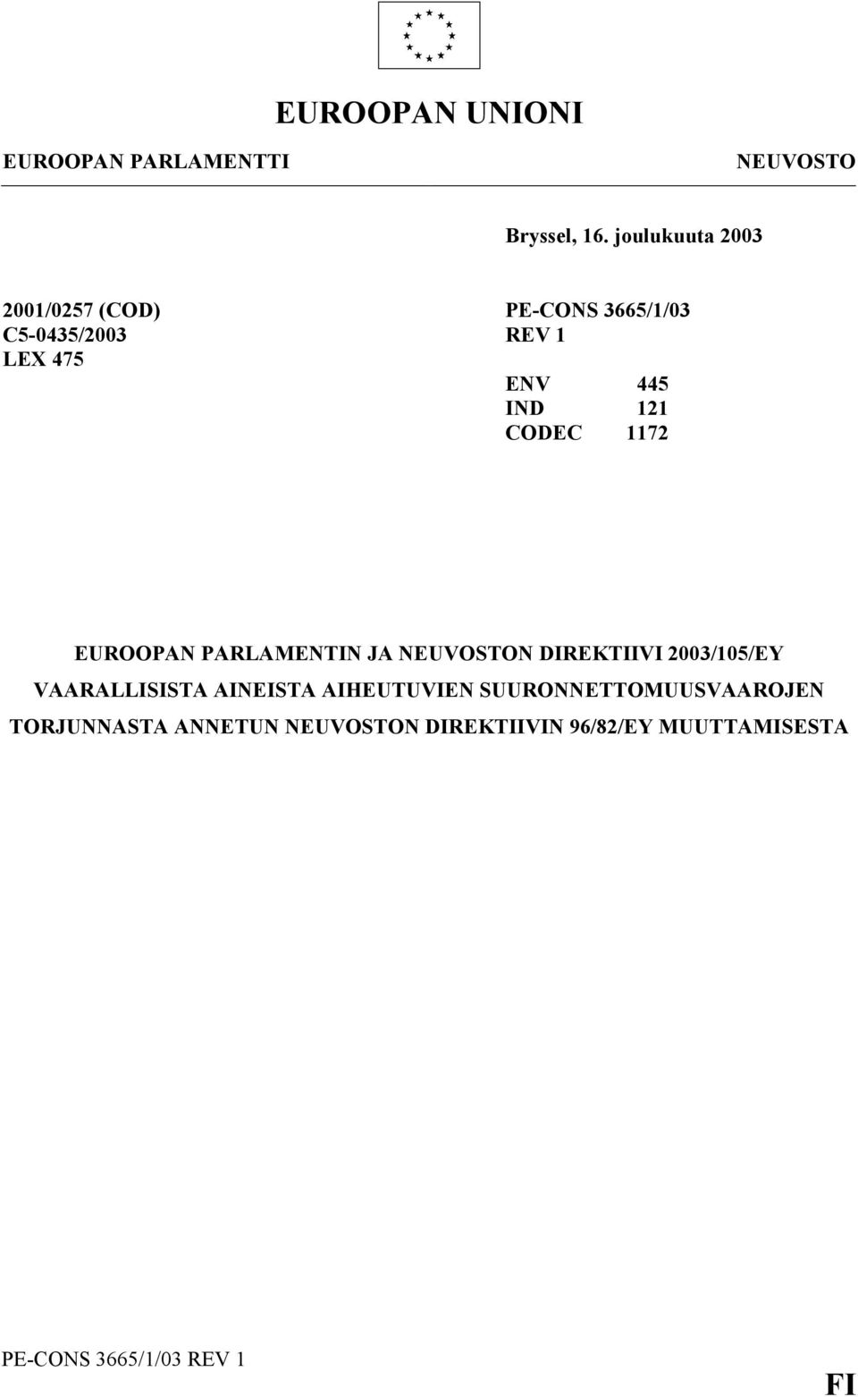 121 CODEC 1172 EUROOPAN PARLAMENTIN JA NEUVOSTON DIREKTIIVI 2003/105/EY VAARALLISISTA