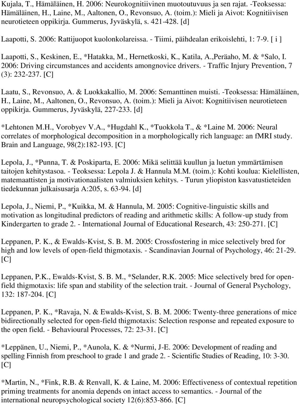 [ i ] Laapotti, S., Keskinen, E., *Hatakka, M., Hernetkoski, K., Katila, A.,Peräaho, M. & *Salo, I. 2006: Driving circumstances and accidents amongnovice drivers.