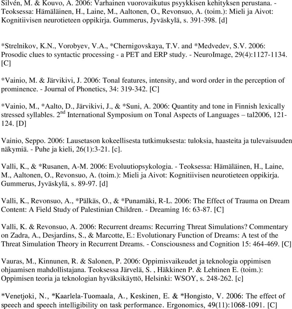 - NeuroImage, 29(4):1127-1134. *Vainio, M. & Järvikivi, J. 2006: Tonal features, intensity, and word order in the perception of prominence. - Journal of Phonetics, 34: 319-342. *Vainio, M., *Aalto, D.