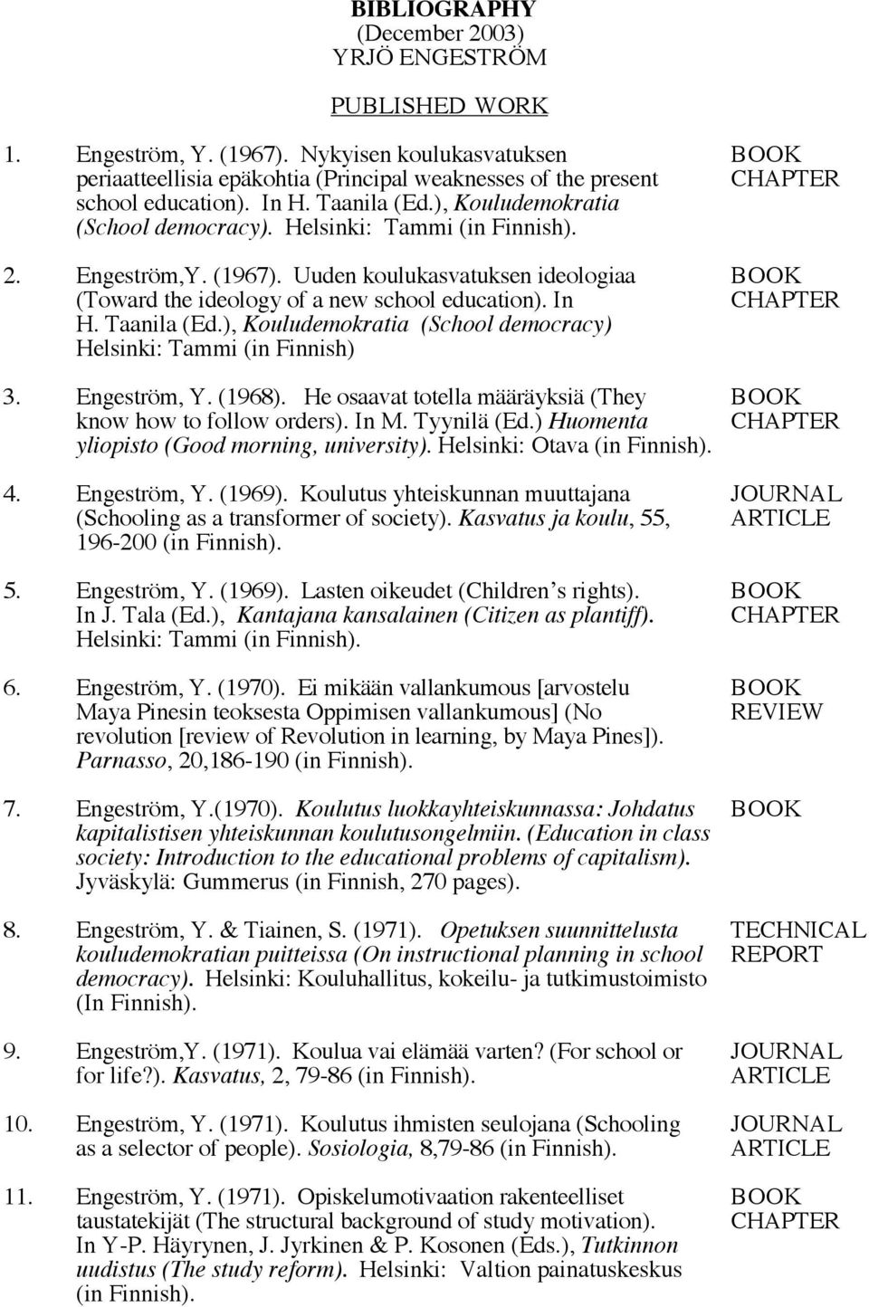 Taanila (Ed.), Kouludemokratia (School democracy) Helsinki: Tammi (in Finnish) 3. Engeström, Y. (1968). He osaavat totella määräyksiä (They BOOK know how to follow orders). In M. Tyynilä (Ed.