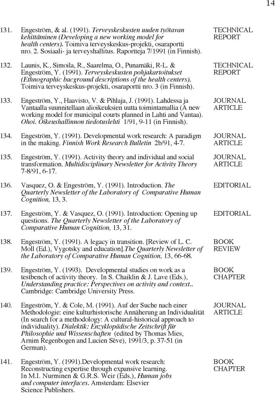 Terveyskeskusten pohjakartoitukset REPORT (Ethnographic bacground descriptions of the health centers). Toimiva terveyskeskus-projekti, osaraportti nro. 3 133. Engeström, Y., Haavisto, V. & Pihlaja, J.