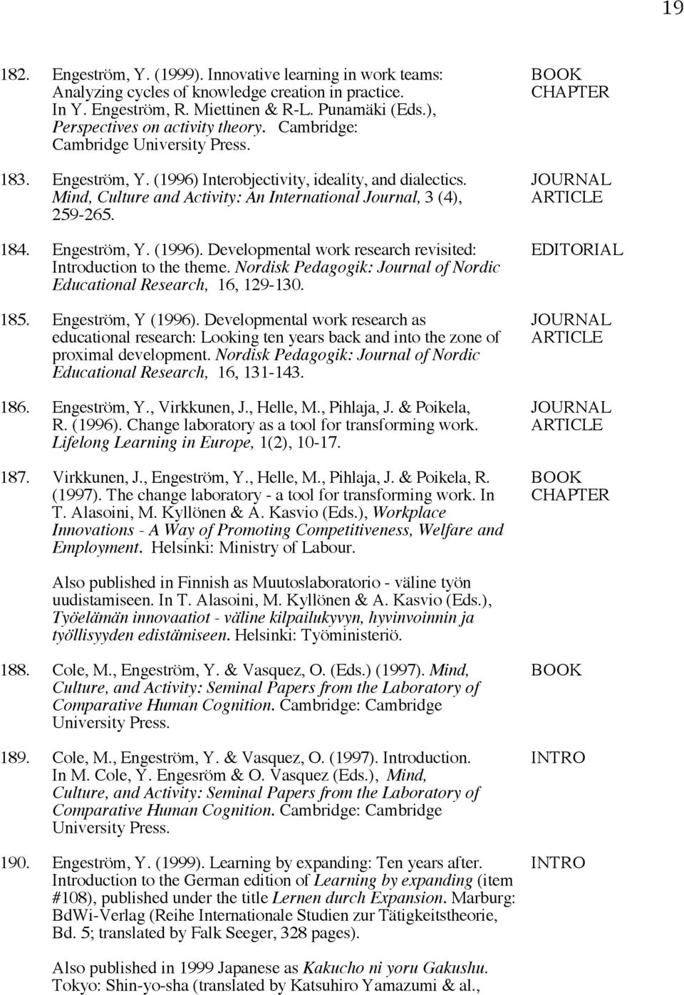 JOURNAL Mind, Culture and Activity: An International Journal, 3 (4), ARTICLE 259-265. 184. Engeström, Y. (1996). Developmental work research revisited: EDITORIAL Introduction to the theme.