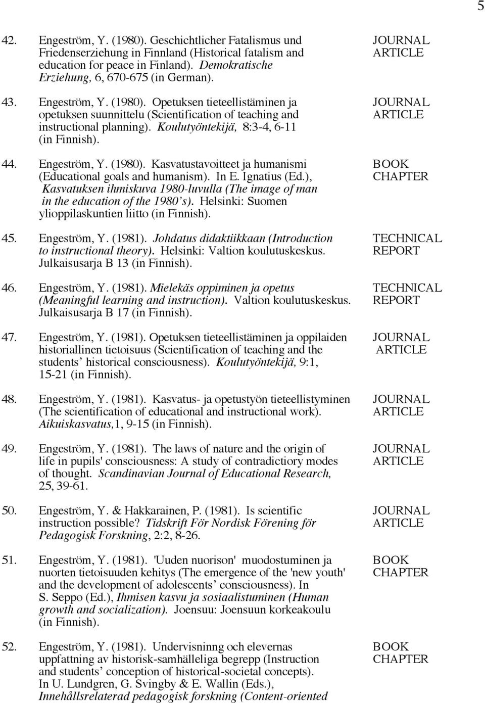 Opetuksen tieteellistäminen ja JOURNAL opetuksen suunnittelu (Scientification of teaching and ARTICLE instructional planning). Koulutyöntekijä, 8:3-4, 6-11 44. Engeström, Y. (1980).