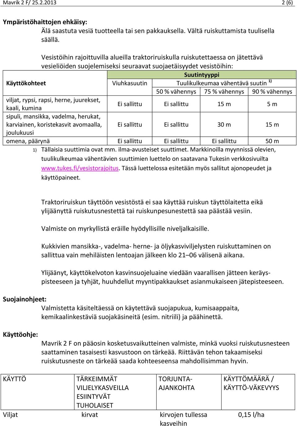 Tuulikulkeumaa vähentävä suutin 1) 50 % vähennys 75 % vähennys 90 % vähennys viljat, rypsi, rapsi, herne, juurekset, kaali, kumina Ei sallittu Ei sallittu 15 m 5 m sipuli, mansikka, vadelma, herukat,