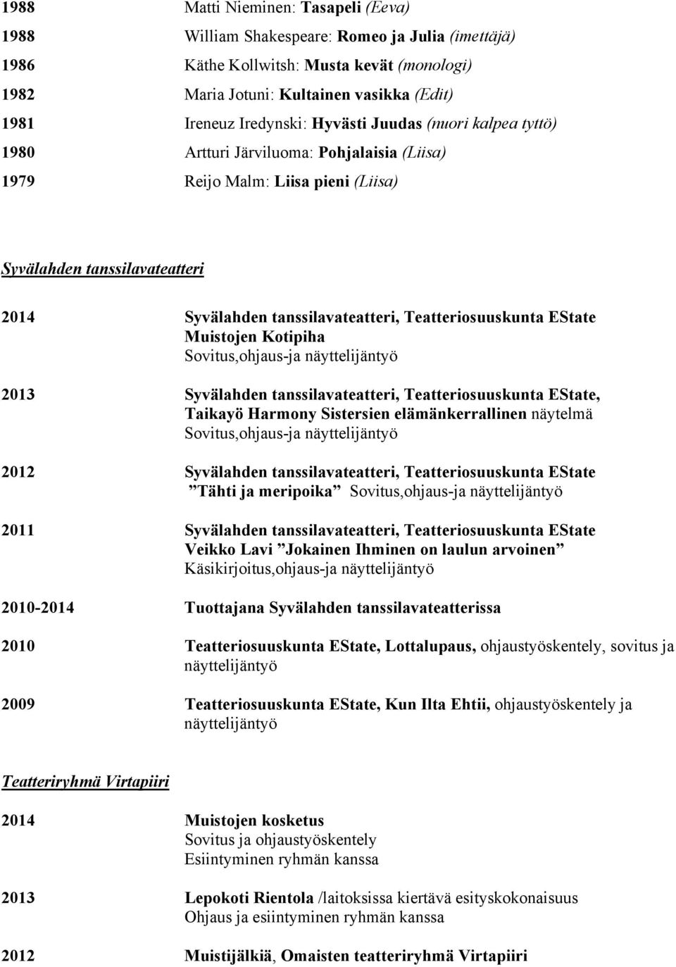 Teatteriosuuskunta EState Muistojen Kotipiha Sovitus,ohjaus-ja näyttelijäntyö 2013 Syvälahden tanssilavateatteri, Teatteriosuuskunta EState, Taikayö Harmony Sistersien elämänkerrallinen näytelmä