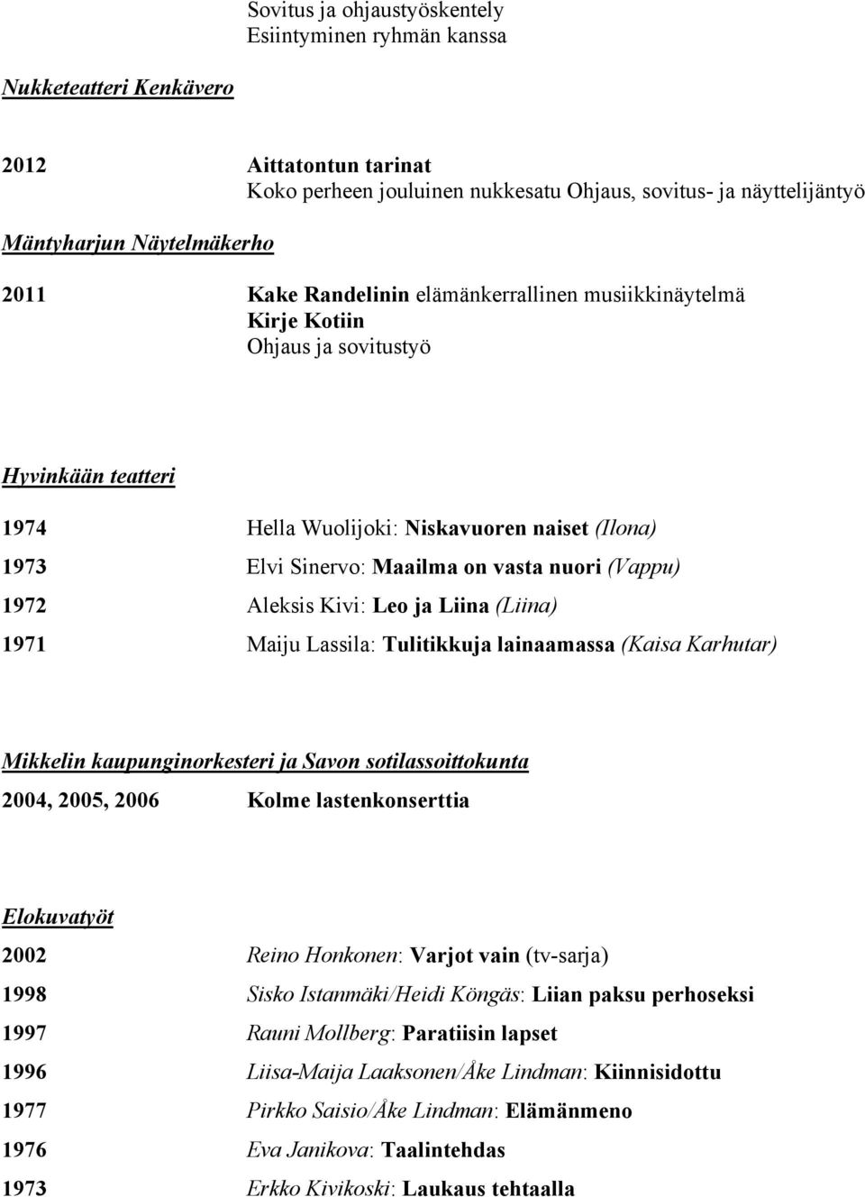 (Vappu) 1972 Aleksis Kivi: Leo ja Liina (Liina) 1971 Maiju Lassila: Tulitikkuja lainaamassa (Kaisa Karhutar) Mikkelin kaupunginorkesteri ja Savon sotilassoittokunta 2004, 2005, 2006 Kolme