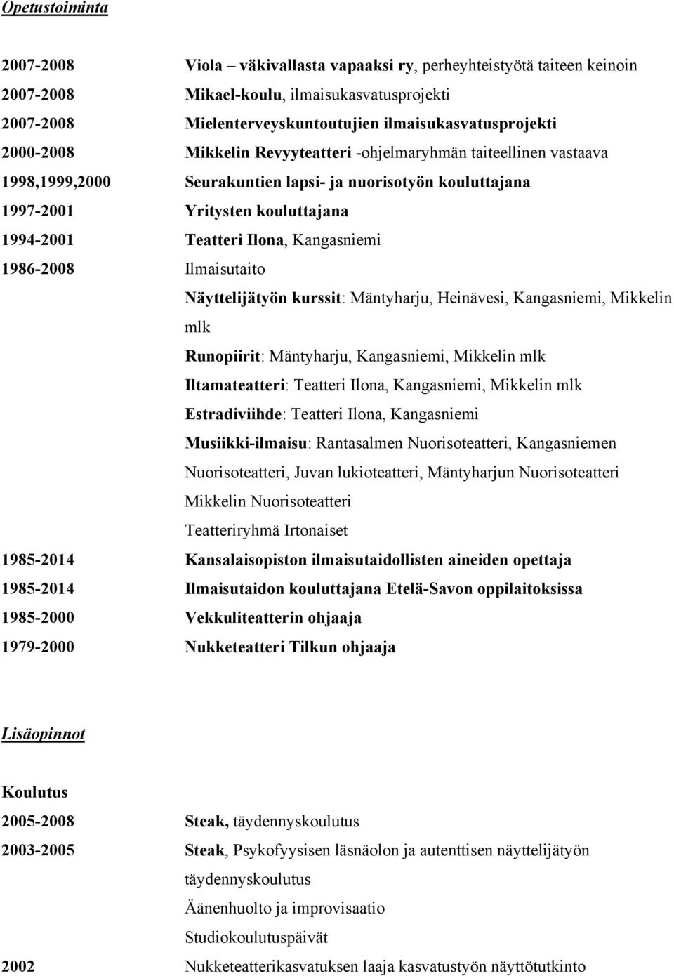 Kangasniemi 1986-2008 Ilmaisutaito Näyttelijätyön kurssit: Mäntyharju, Heinävesi, Kangasniemi, Mikkelin mlk Runopiirit: Mäntyharju, Kangasniemi, Mikkelin mlk Iltamateatteri: Teatteri Ilona,