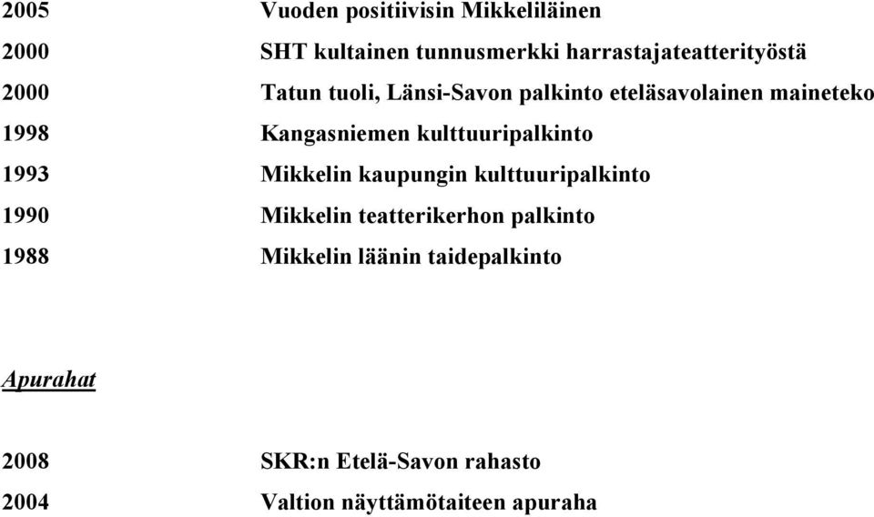 kulttuuripalkinto 1993 Mikkelin kaupungin kulttuuripalkinto 1990 Mikkelin teatterikerhon