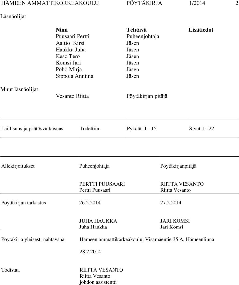 Pykälät 1-15 Sivut 1-22 Allekirjoitukset Puheenjohtaja Pöytäkirjanpitäjä PERTTI PUUSAARI Pertti Puusaari RIITTA VESANTO Riitta Vesanto Pöytäkirjan tarkastus 26.2.2014 27.2.2014 JUHA HAUKKA Juha Haukka JARI KOMSI Jari Komsi Pöytäkirja yleisesti nähtävänä Hämeen ammattikorkeakoulu, Visamäentie 35 A, Hämeenlinna 28.