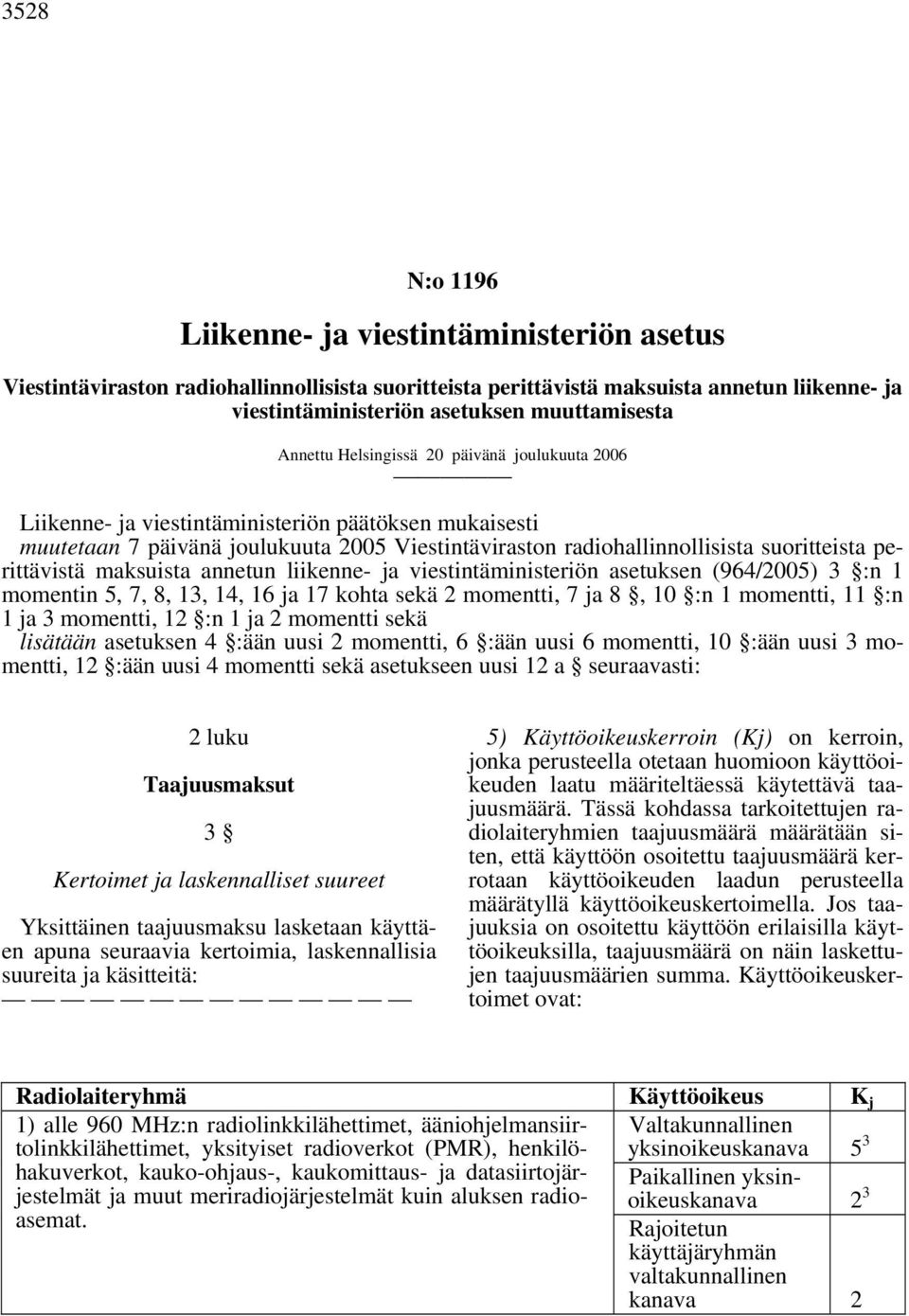 perittävistä maksuista annetun liikenne- ja viestintäministeriön asetuksen (964/2005) 3 :n 1 momentin 5, 7, 8, 13, 14, 16 ja 17 kohta sekä 2 momentti, 7 ja 8, 10 :n 1 momentti, 11 :n 1 ja 3 momentti,