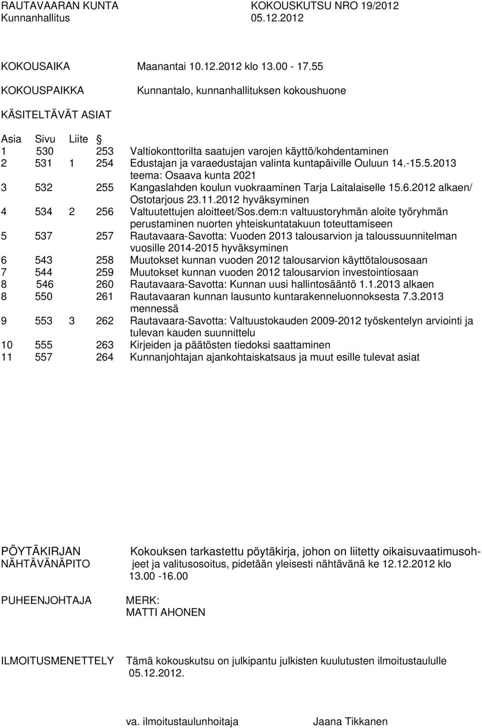 valinta kuntapäiville Ouluun 14.-15.5.2013 teema: Osaava kunta 2021 3 532 255 Kangaslahden koulun vuokraaminen Tarja Laitalaiselle 15.6.2012 alkaen/ Ostotarjous 23.11.