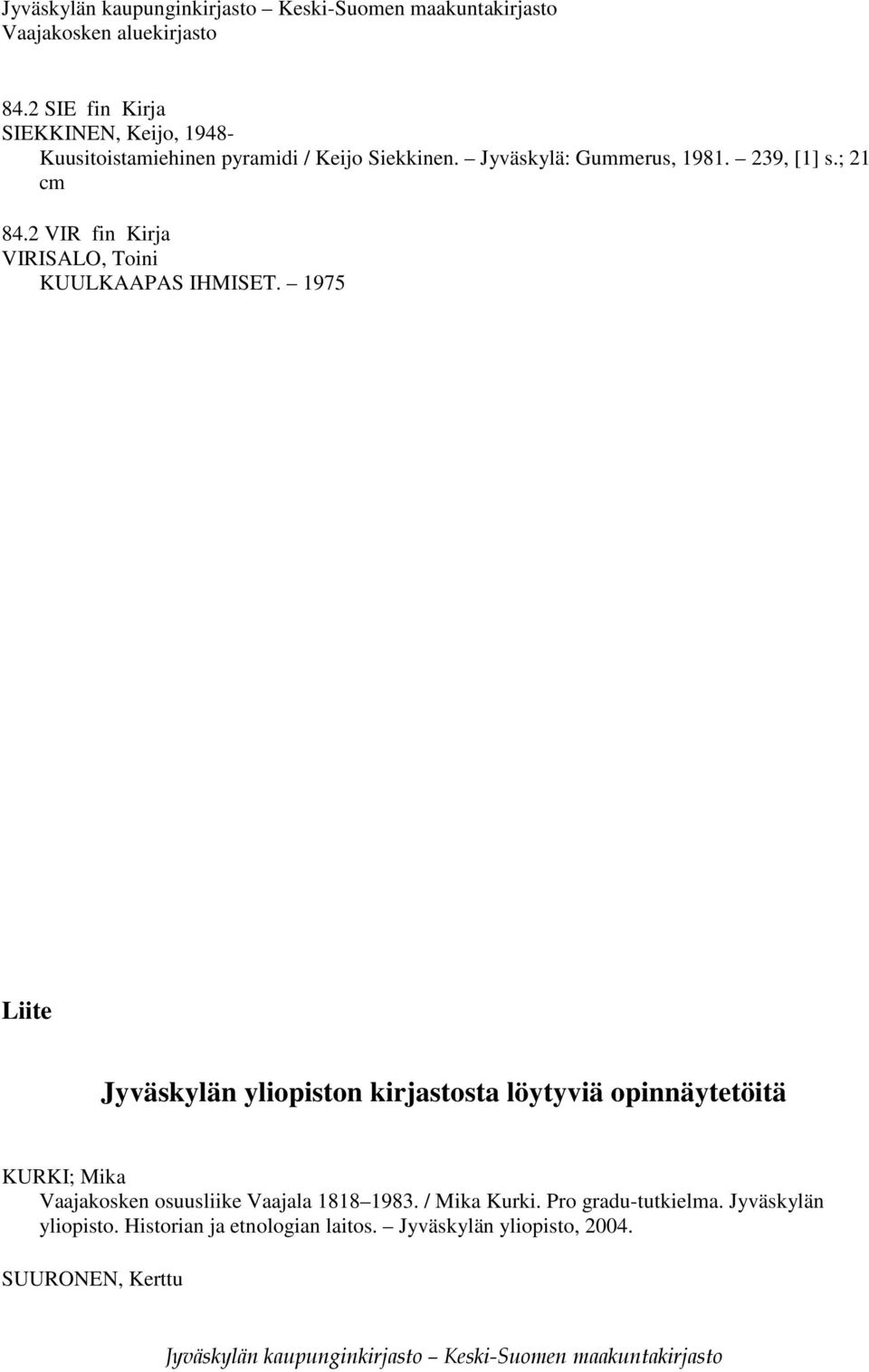 1975 Liite Jyväskylän yliopiston kirjastosta löytyviä opinnäytetöitä KURKI; Mika Vaajakosken osuusliike Vaajala