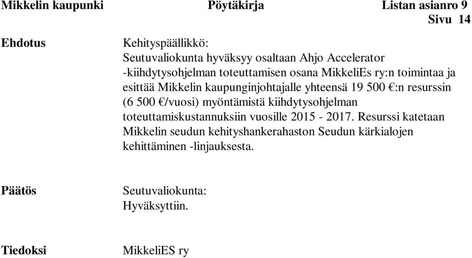 yhteensä 19 500 :n resurssin (6 500 /vuosi) myöntämistä kiihdytysohjelman toteuttamiskustannuksiin vuosille 2015-2017.