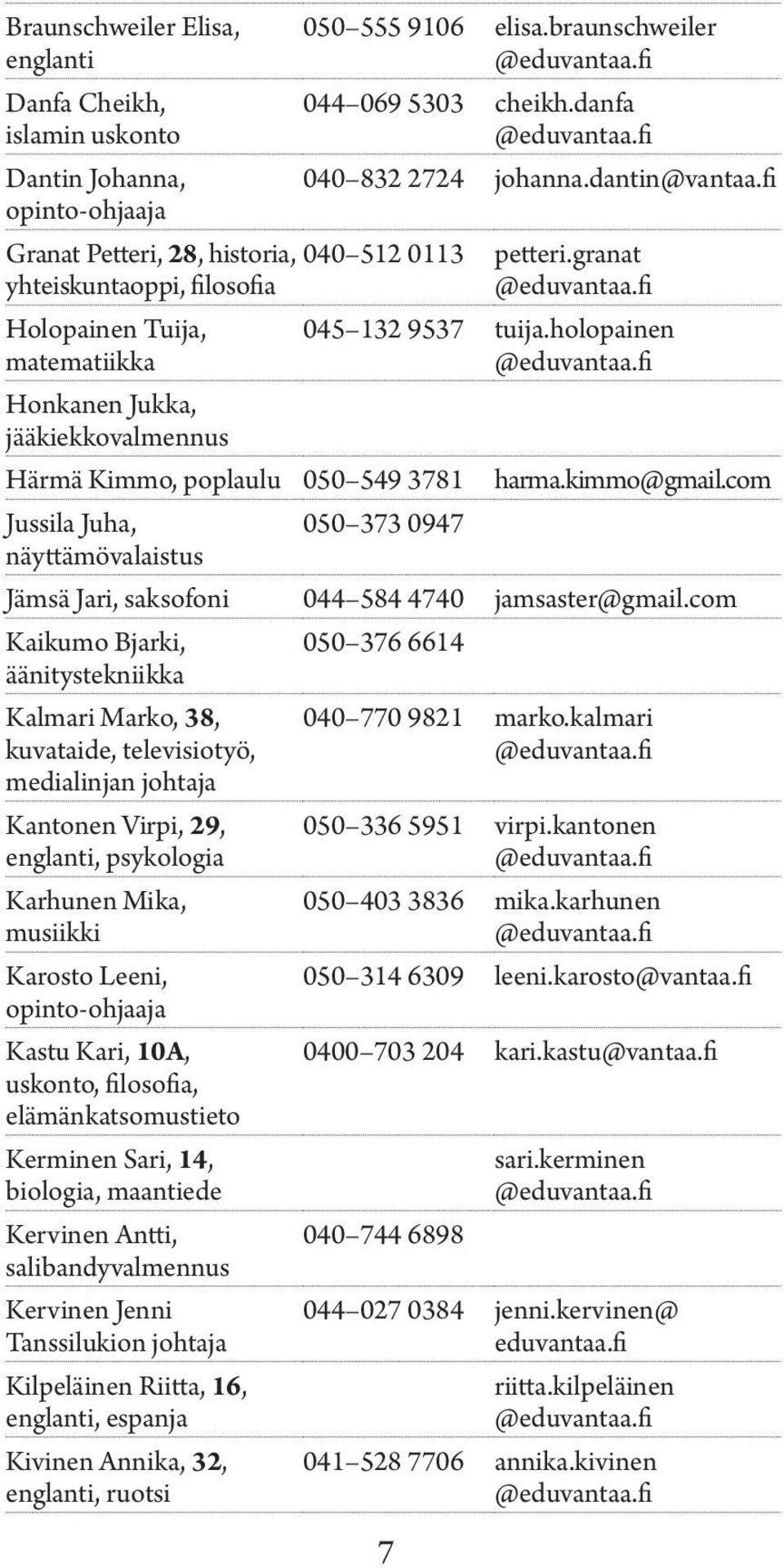 fi Holopainen Tuija, matematiikka Honkanen Jukka, jääkiekkovalmennus 045 132 9537 tuija.holopainen @eduvantaa.fi Härmä Kimmo, poplaulu 050 549 3781 harma.kimmo@gmail.