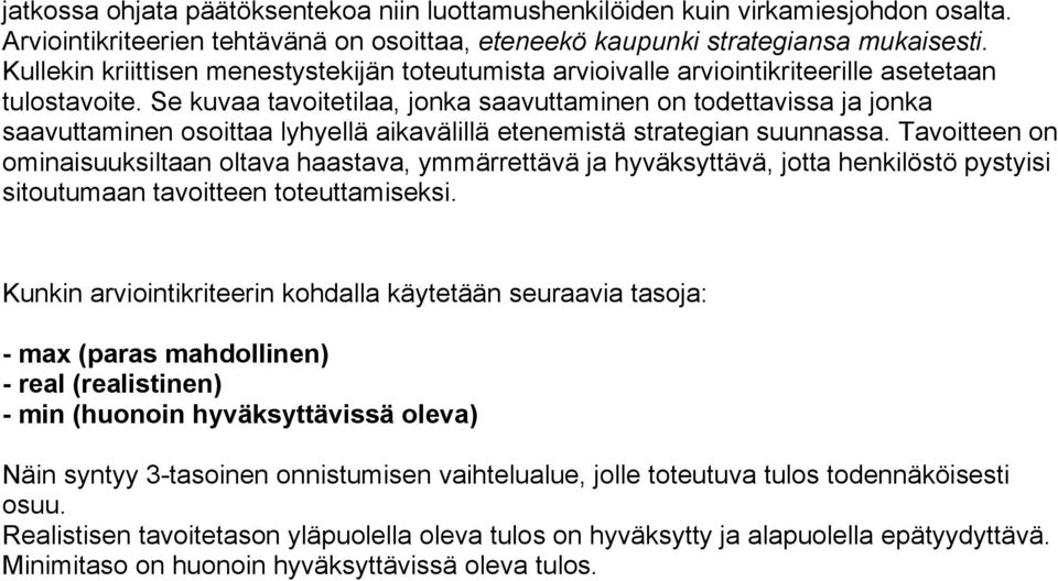 Se kuvaa tavoitetilaa, jonka saavuttaminen on todettavissa ja jonka saavuttaminen osoittaa lyhyellä aikavälillä etenemistä strategian suunnassa.