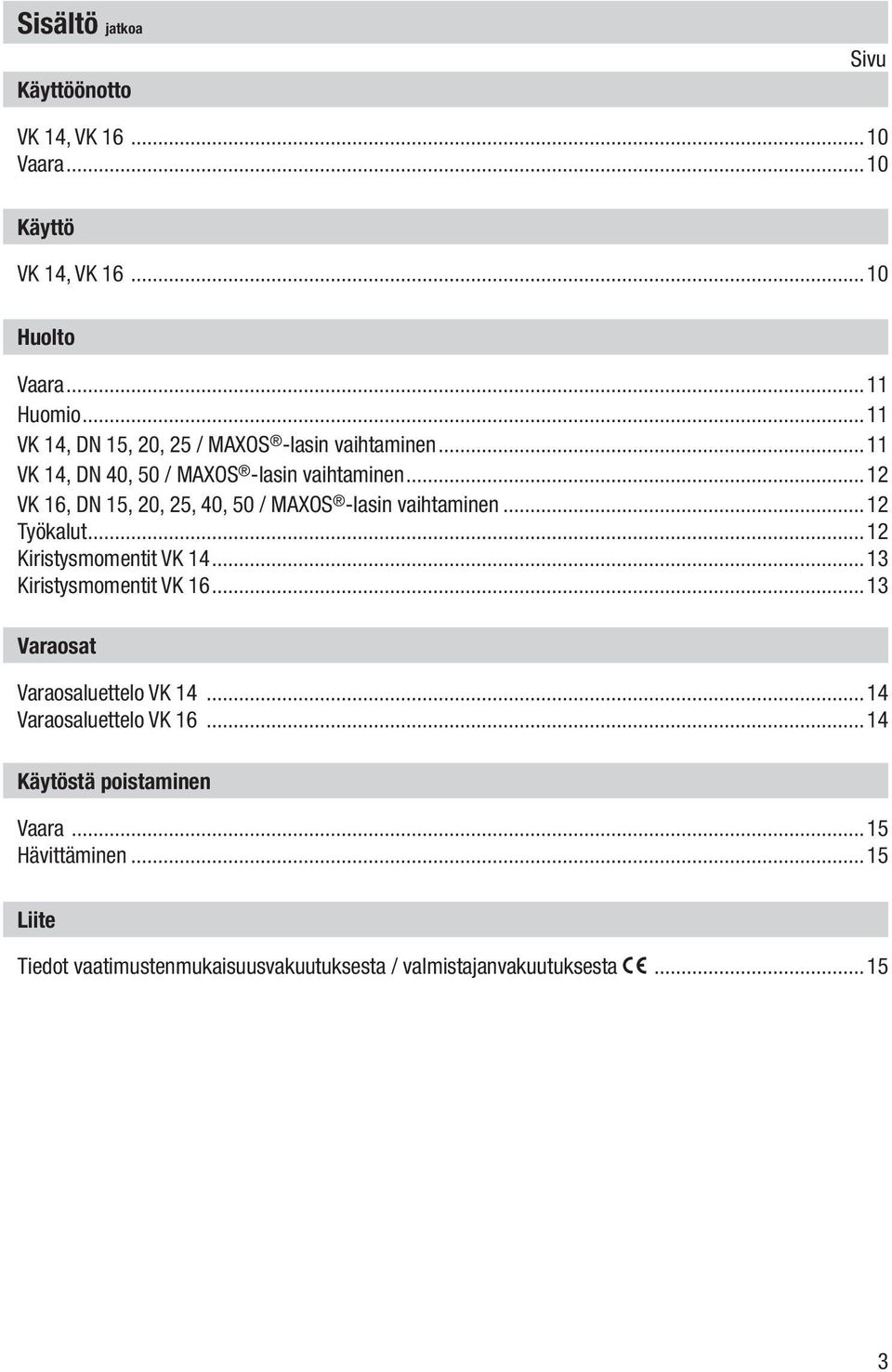 ..12 VK 16, DN 15, 20, 25, 40, 50 / MAXOS -lasin vaihtaminen...12 Työkalut...12 Kiristysmomentit VK 14...13 Kiristysmomentit VK 16.