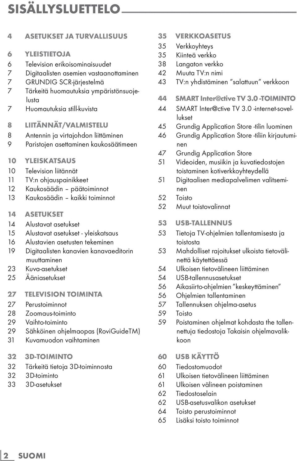 asettaminen kaukosäätimeen 10 YLEISKATSAUS 10 Television liitännät 11 TV:n ohjauspainikkeet 12 Kaukosäädin päätoiminnot 13 Kaukosäädin kaikki toiminnot 14 ASETUKSET 14 Alustavat asetukset 15