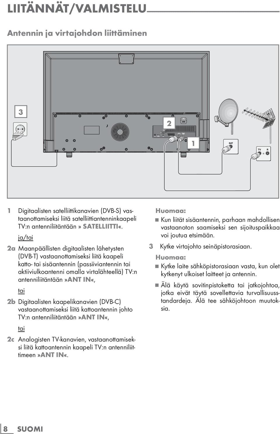 ja/tai 2a Maanpäällisten digitaalisten lähetysten (DVB-T) vastaanottamiseksi liitä kaapeli katto- tai sisäantennin (passiiviantennin tai aktiiviulkoantenni omalla virtalähteellä) TV:n