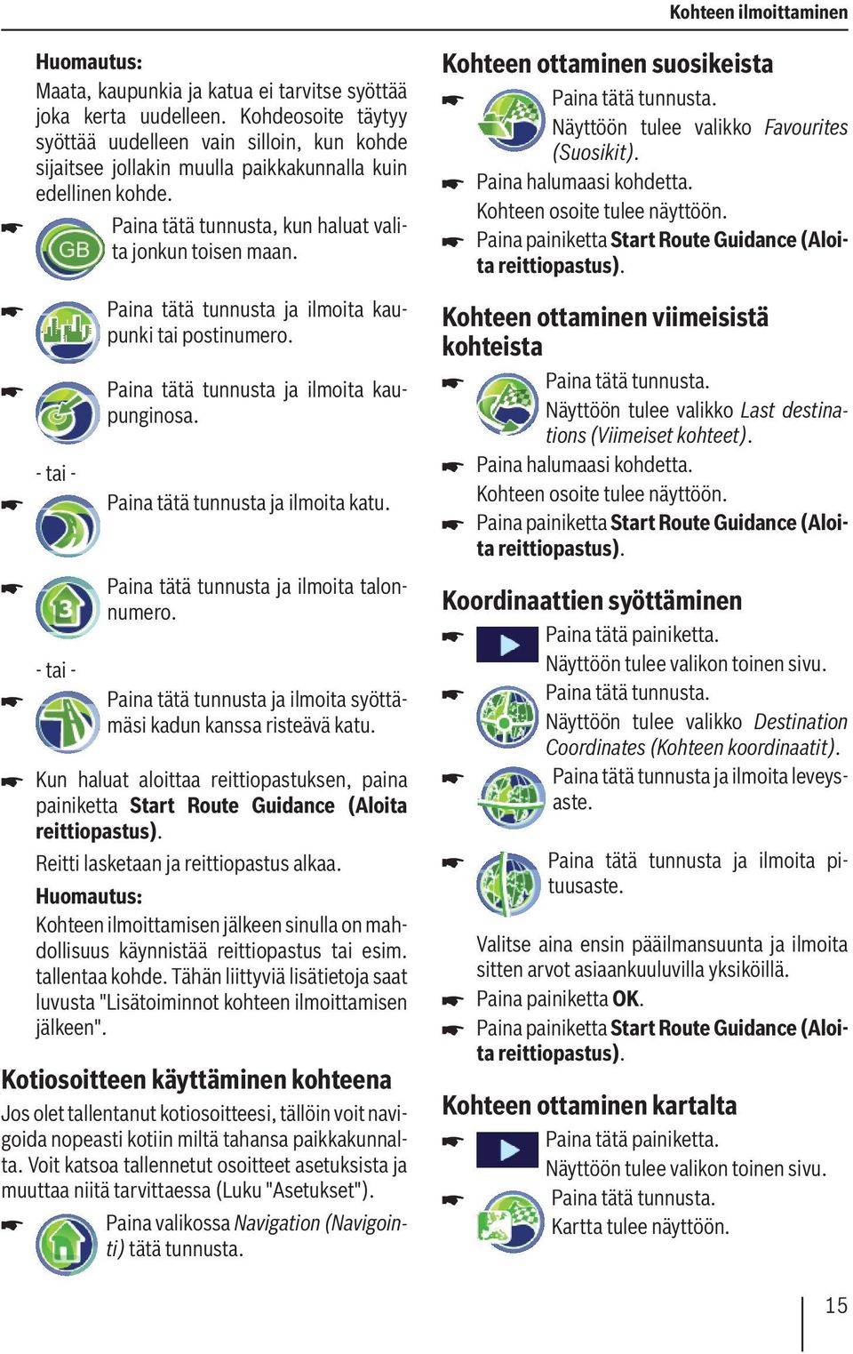 Paina tätä tunnusta ja ilmoita kaupunki tai postinumero. Paina tätä tunnusta ja ilmoita kaupunginosa. Paina tätä tunnusta ja ilmoita katu. Paina tätä tunnusta ja ilmoita talonnumero.