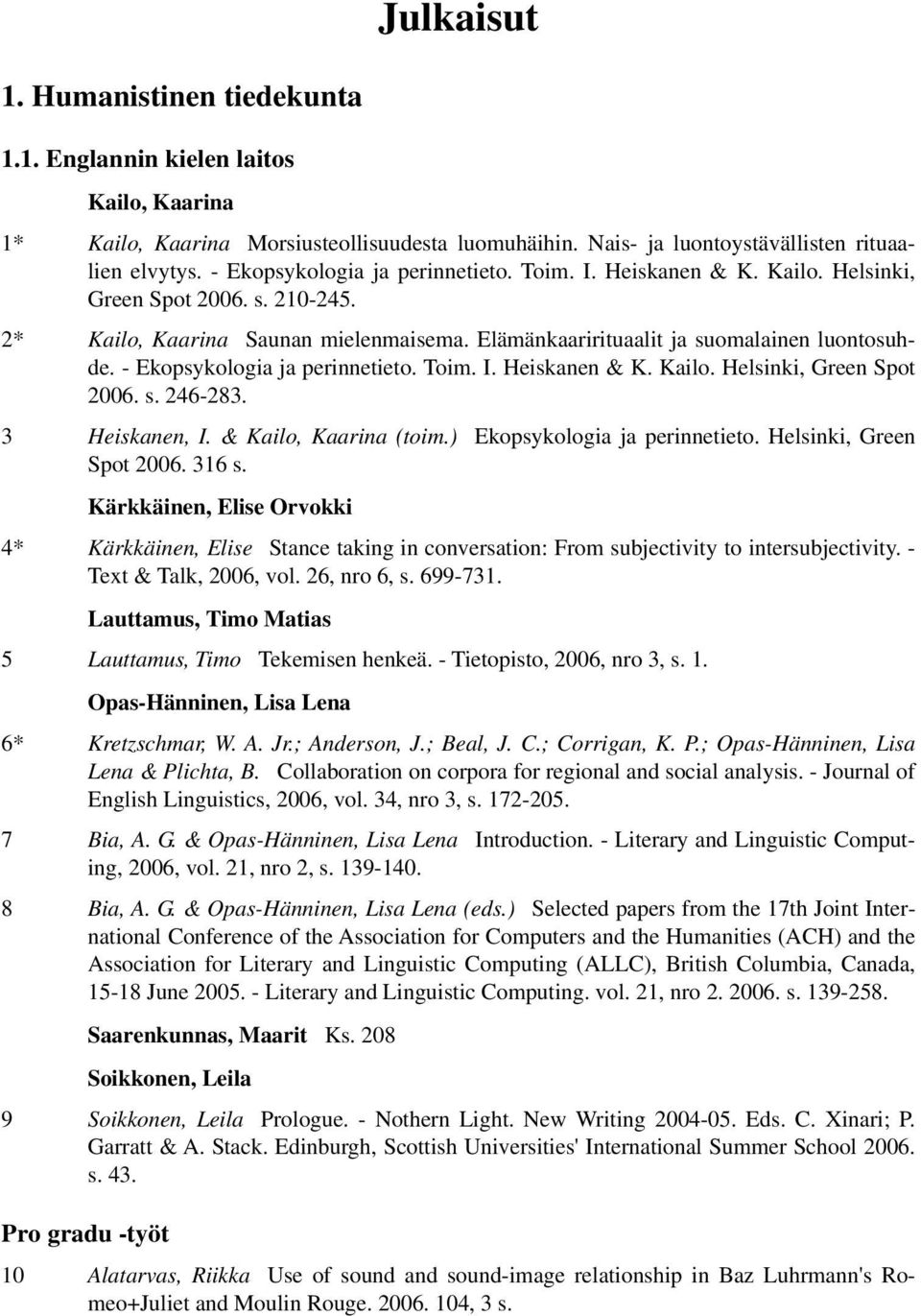 - Ekopsykologia ja perinnetieto. Toim. I. Heiskanen & K. Kailo. Helsinki, Green Spot 2006. s. 246-283. 3 Heiskanen, I. & Kailo, Kaarina (toim.) Ekopsykologia ja perinnetieto.