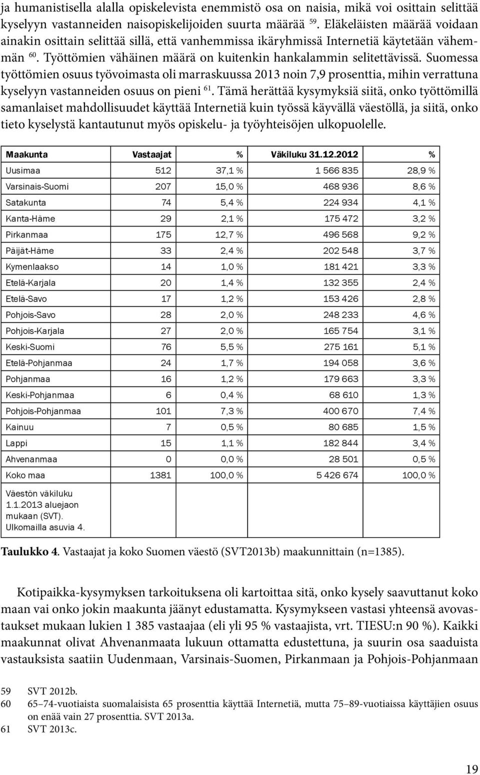 Suomessa työttömien osuus työvoimasta oli marraskuussa 2013 noin 7,9 prosenttia, mihin verrattuna kyselyyn vastanneiden osuus on pieni 61.