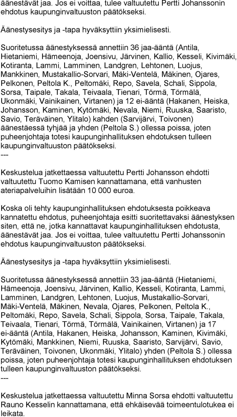 Lamminen, Landgren, Lehtonen, Luojus, Mankkinen, Mustakallio-Sorvari, Mäki-Ventelä, Mäkinen, Ojares, Pelkonen, Peltola K.