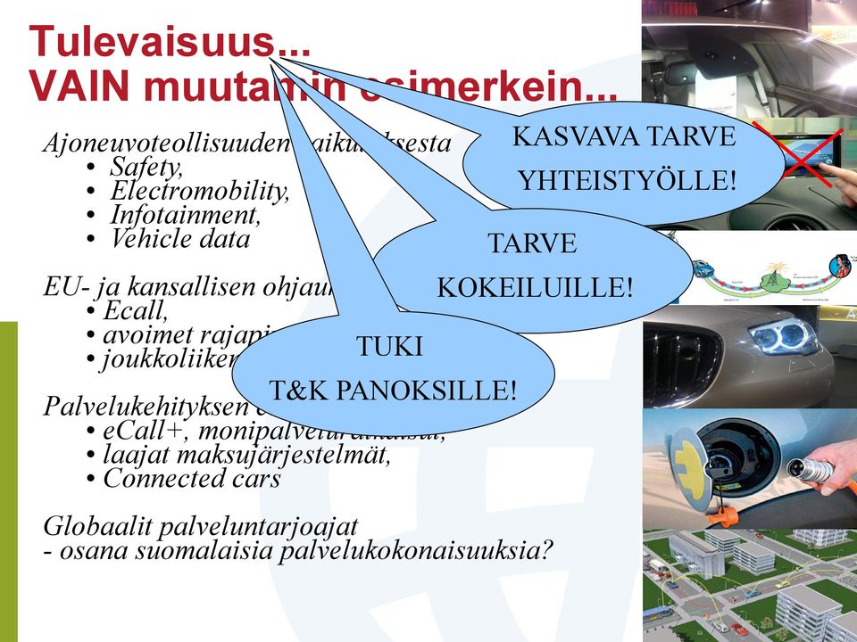 ohjauksen vaikutuksesta KOKEILUILLE! Ecall, avoimet rajapinnat, joukkoliikenteen kulkutiedot TUKI T&K PANOKSILLE!