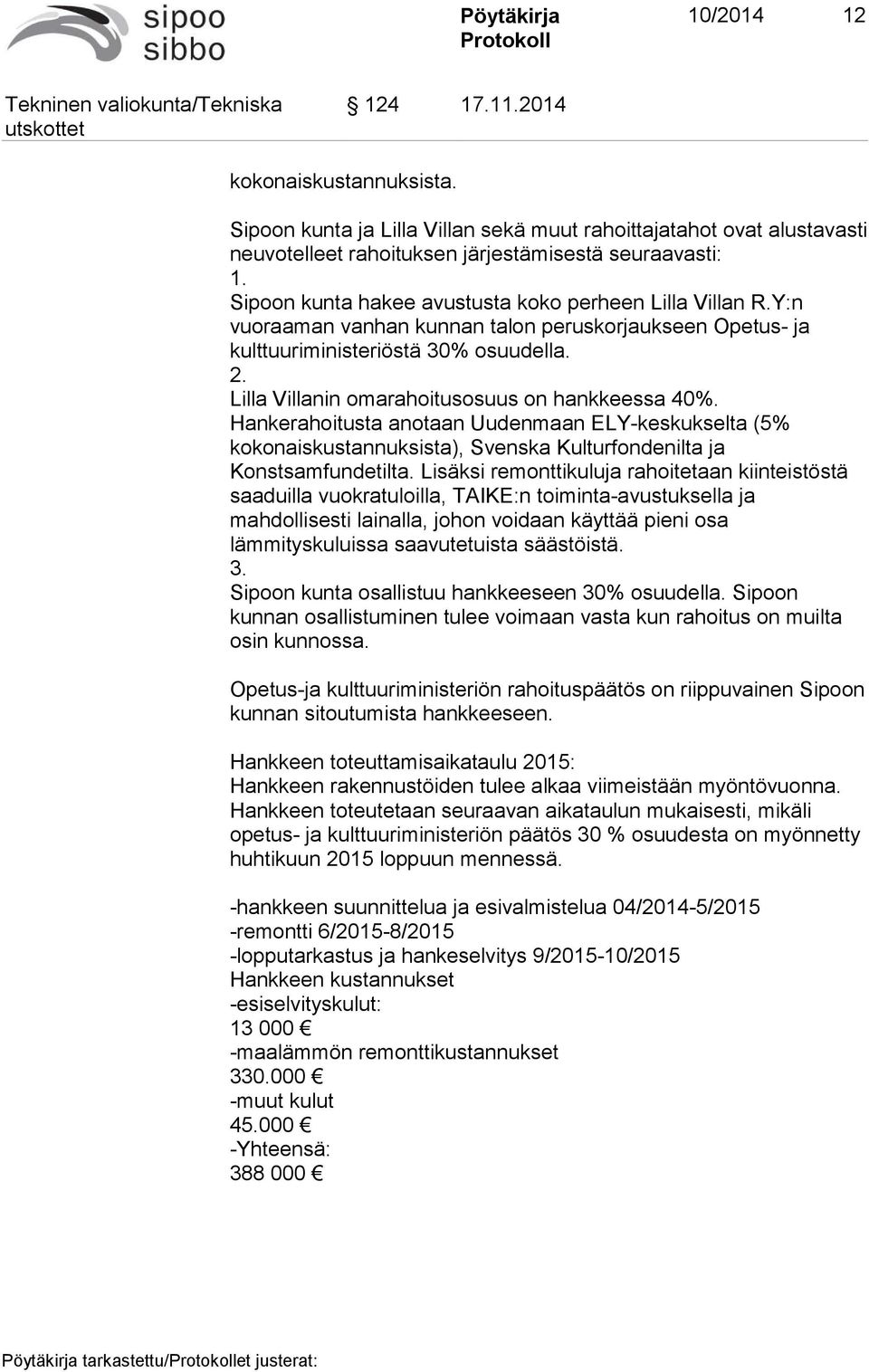 Lilla Villanin omarahoitusosuus on hankkeessa 40%. Hankerahoitusta anotaan Uudenmaan ELY-keskukselta (5% kokonaiskustannuksista), Svenska Kulturfondenilta ja Konstsamfundetilta.