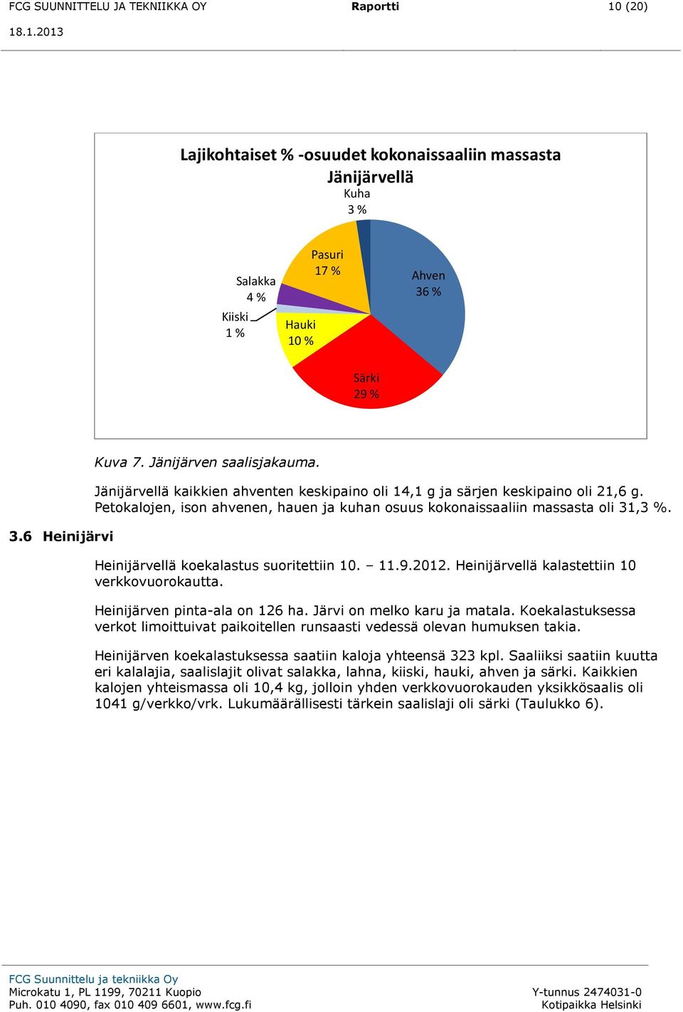 Petokalojen, ison ahvenen, hauen ja kuhan osuus kokonaissaaliin massasta oli 31,3 %. Heinijärvellä koekalastus suoritettiin 10. 11.9.2012. Heinijärvellä kalastettiin 10 verkkovuorokautta.