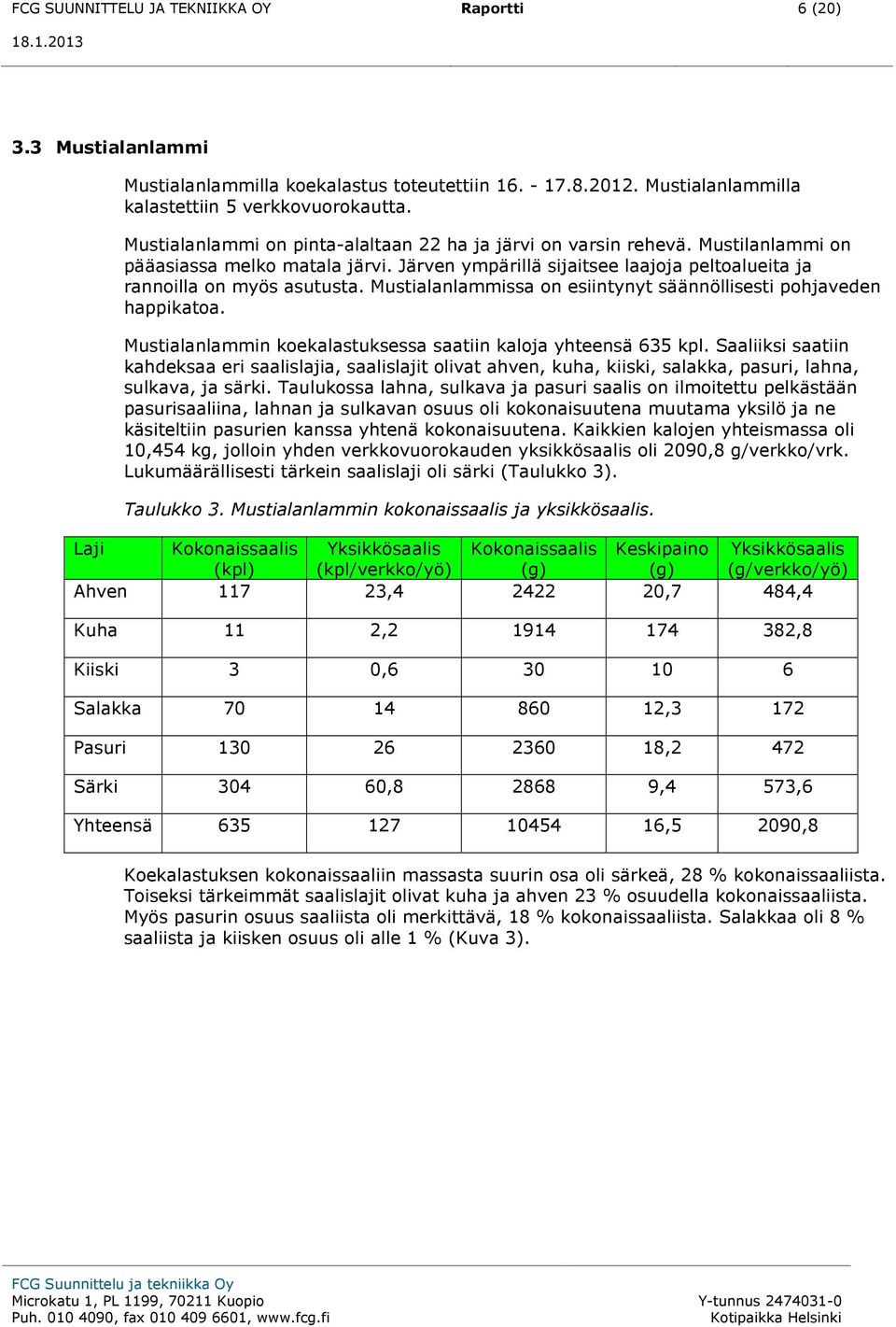 Mustialanlammissa on esiintynyt säännöllisesti pohjaveden happikatoa. Mustialanlammin koekalastuksessa saatiin kaloja yhteensä 635 kpl.