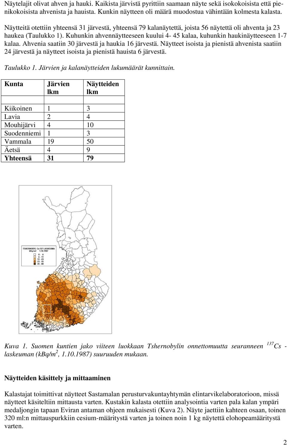 Kuhunkin ahvennäytteeseen kuului 4-45 kalaa, kuhunkin haukinäytteeseen -7 kalaa. Ahvenia saatiin 3 järvestä ja haukia 6 järvestä.