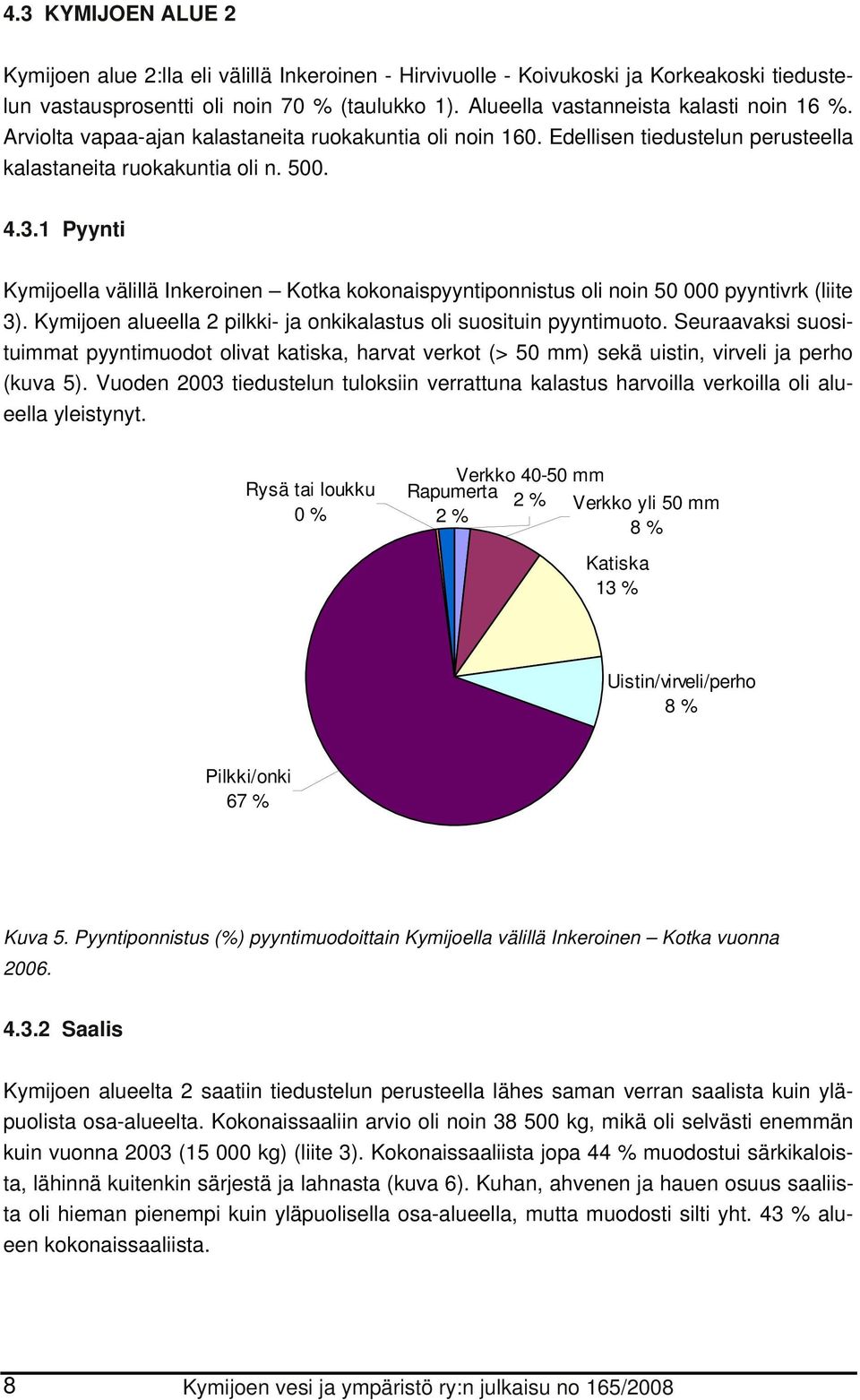 1 Pyynti Kymijoella välillä Inkeroinen Kotka kokonaispyyntiponnistus oli noin 50 000 pyyntivrk (liite 3). Kymijoen alueella 2 pilkki- ja onkikalastus oli suosituin pyyntimuoto.