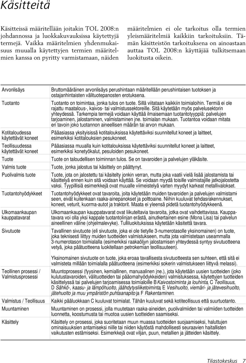 Tämän käsitteistön tarkoituksena on ainoastaan auttaa TOL 2008:n käyttäjää tulkitsemaan luokitusta oikein.