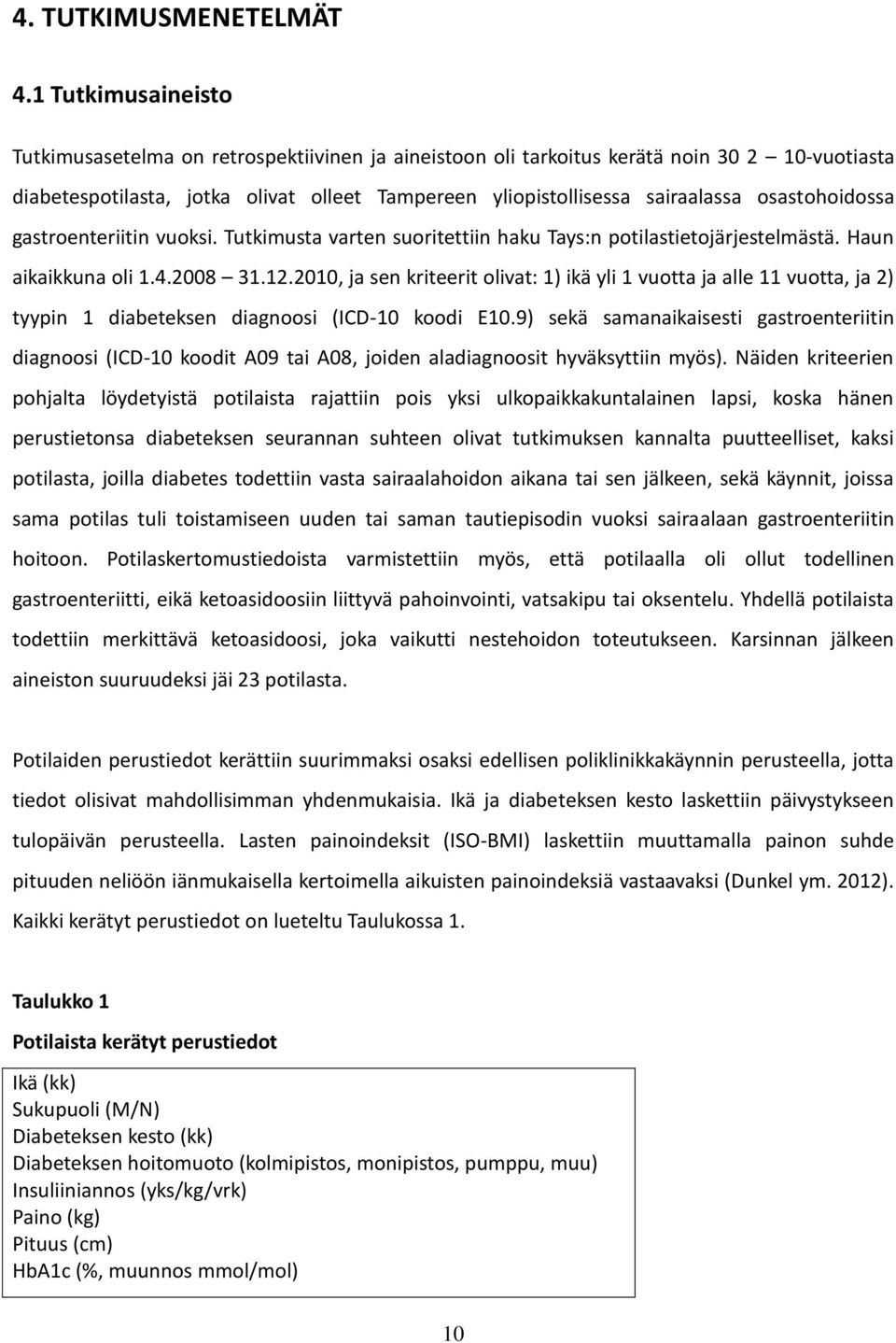 osastohoidossa gastroenteriitin vuoksi. Tutkimusta varten suoritettiin haku Tays:n potilastietojärjestelmästä. Haun aikaikkuna oli 1.4.2008 31.12.