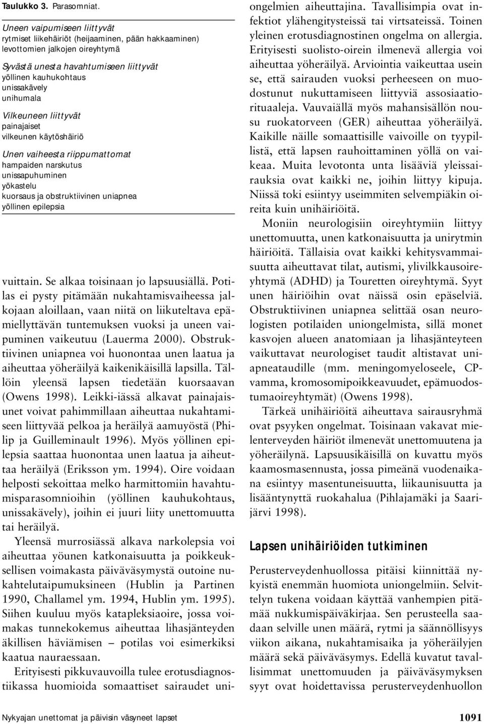 Vilkeuneen liittyvät painajaiset vilkeunen käytöshäiriö Unen vaiheesta riippumattomat hampaiden narskutus unissapuhuminen yökastelu kuorsaus ja obstruktiivinen uniapnea yöllinen epilepsia vuittain.