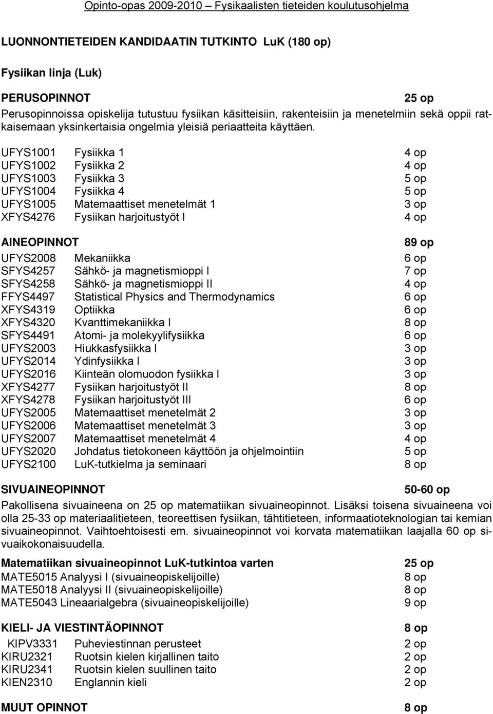 UFYS1001 Fysiikka 1 4 op UFYS1002 Fysiikka 2 4 op UFYS1003 Fysiikka 3 5 op UFYS1004 Fysiikka 4 5 op UFYS1005 Matemaattiset menetelmät 1 3 op XFYS4276 Fysiikan harjoitustyöt I 4 op AINEOPINNOT 89 op