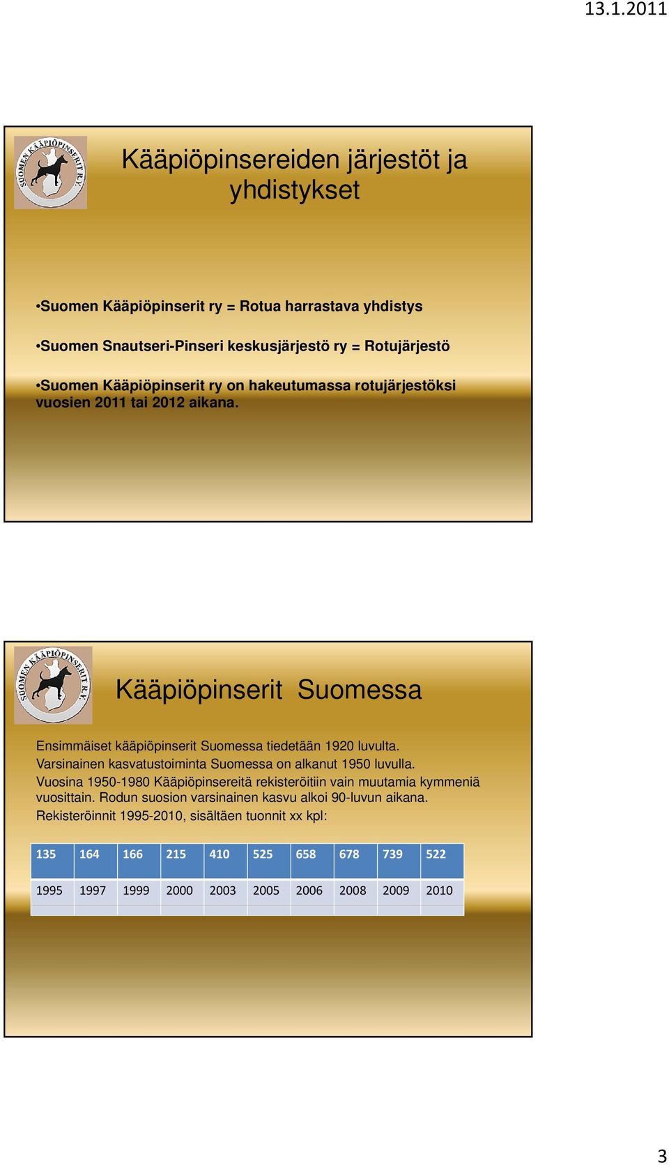 Varsinainen kasvatustoiminta Suomessa on alkanut 1950 luvulla. Vuosina 1950-1980 Kääpiöpinsereitä rekisteröitiin vain muutamia kymmeniä vuosittain.