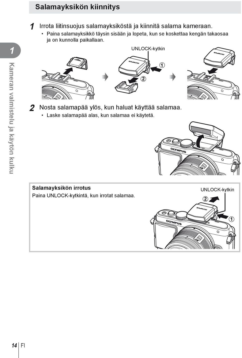 UNLOCK-kytkin Kameran valmistelu ja käytön kulku Nosta salamapää ylös, kun haluat käyttää salamaa.