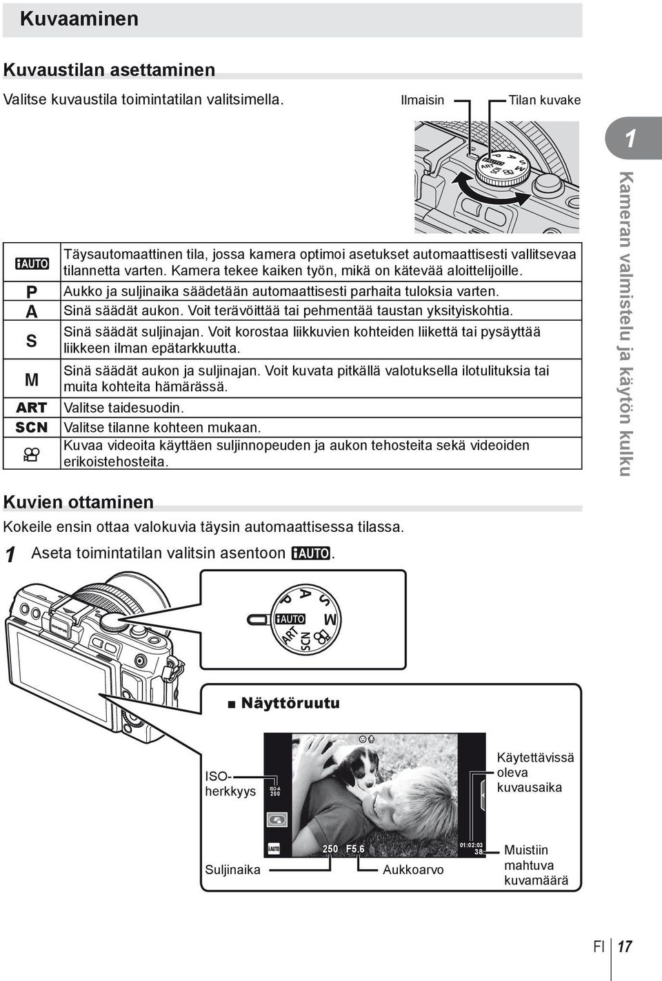 Kamera tekee kaiken työn, mikä on kätevää aloittelijoille. Aukko ja suljinaika säädetään automaattisesti parhaita tuloksia varten. Sinä säädät aukon.