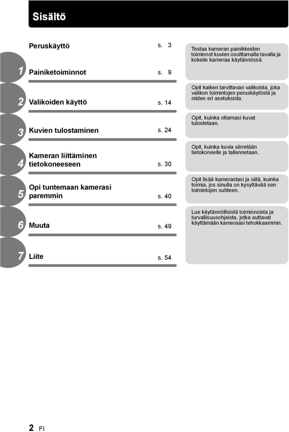 30 Opit, kuinka ottamasi kuvat tulostetaan. Opit, kuinka kuvia siirretään tietokoneelle ja tallennetaan. 5 Opi tuntemaan kamerasi paremmin s.